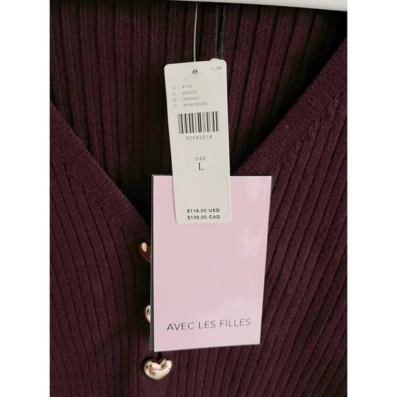 Anthropologie Avec Les Filles burgundy ribbed cardigan heart buttons sz L - Picture 3 of 13